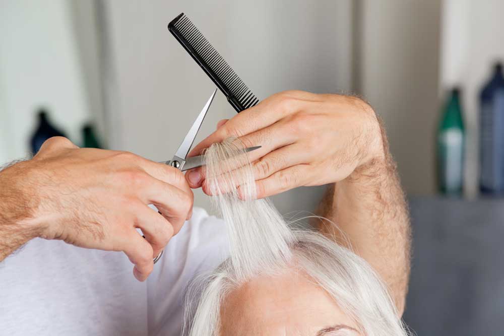 Closeup of hairdresser's hand cutting hair in beauty parlor